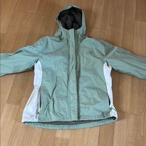 The North Face Green and White Raincoat for Outdoor Adventures